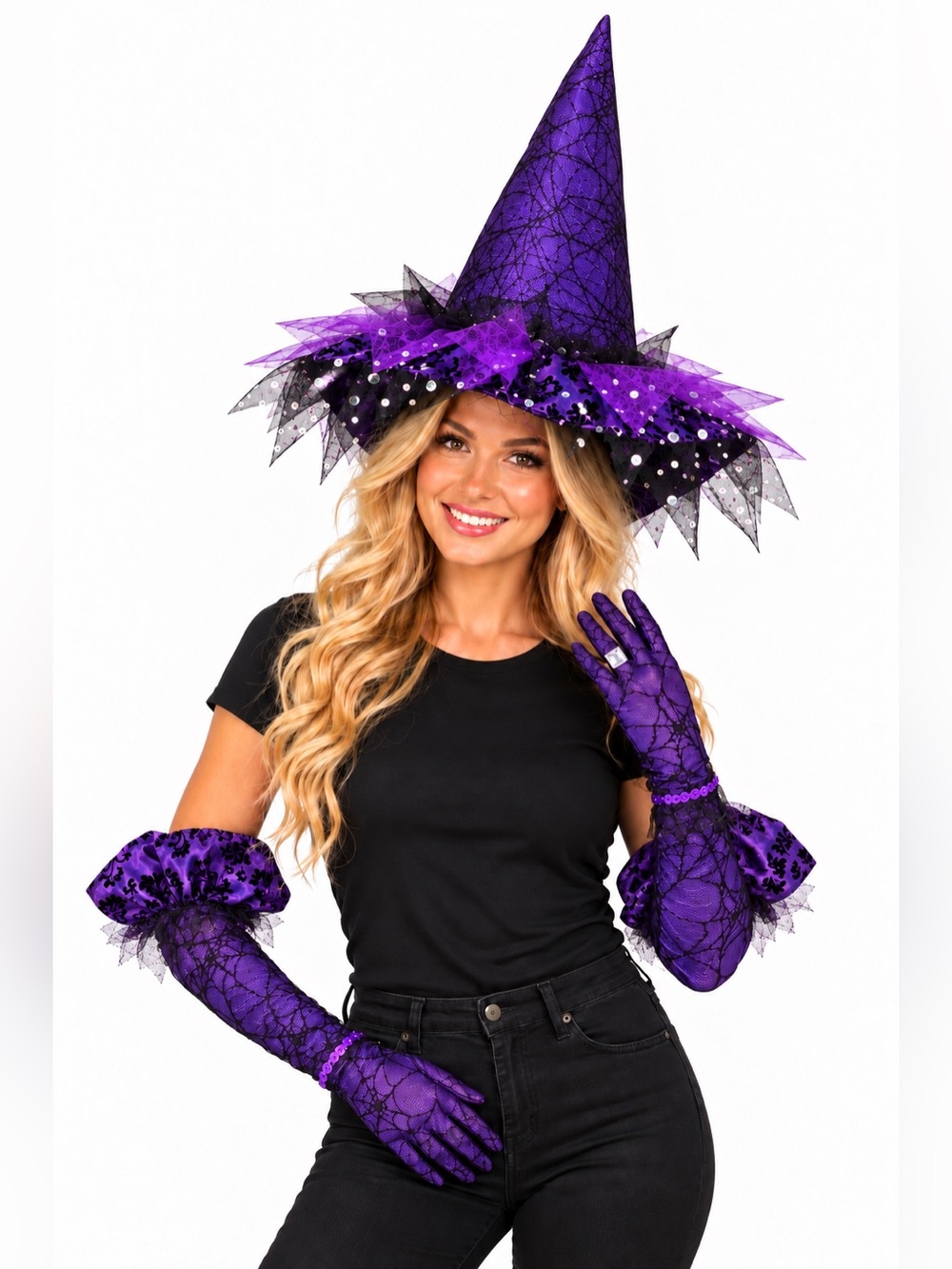 Purple/Black Witch Hat with Matching Gloves Spiderweb Mesh Halloween Costume Set